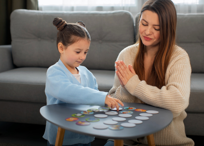 Parent and child completing a cognitive development activity during an autism assessment session at home
